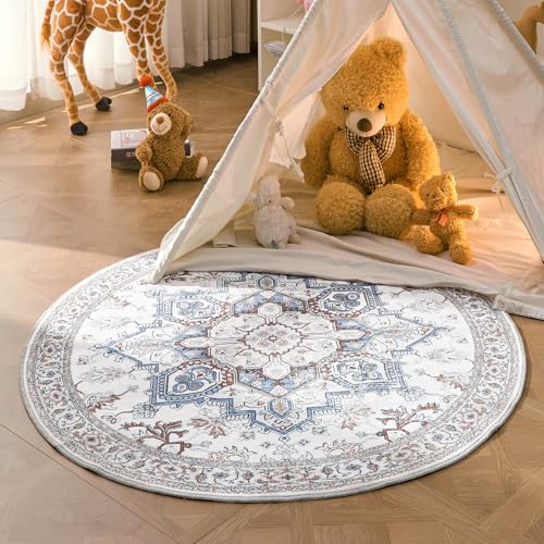 OPPODREAM Soft Round Rug 5ft, Neutral Washable Circle Rug 5ft with Non Slip Backing Play Room, Low-Pile Carpet 5 ft, Faux Cashmere Throw Carpet, Cream White & Blue & Light Brown