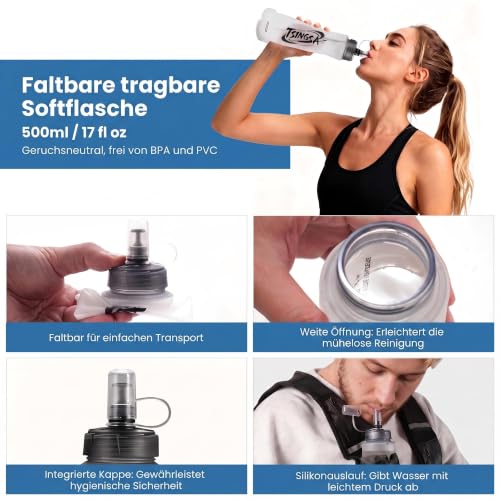 TSINGSA Laufweste Damen und Herren Verbesserte Version, Leicht&Atmungsaktiv, Großvolumige Taschen, Laufrucksack mit 500ml Trinkflasche, Running Vest für Joggen Wandern Bergsteigen Radfahren Marathon