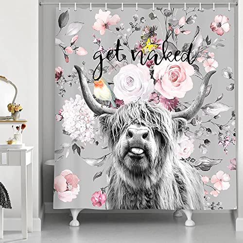 Funny Get Naked Shower Curtain, Farmhouse Highland Cow Bull Farm Cattle Bathroom Bath Curtain With Hooks, Boho Grey Floral Fabric Waterproof Shower Curtain Sets 69X70 Inch #TOP3