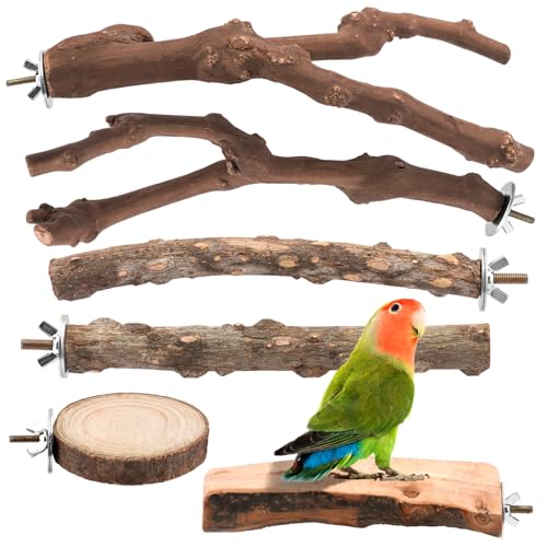 Image of 6 Pcs Natural Wood Bird Perch & Platform Set for Cage