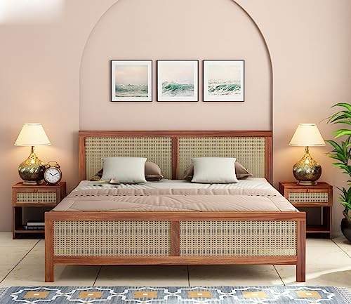 Image of Wooden King Size Cot Without Storage - Solid Wood King Bed - Cot Akka Bed - Stylish Bedroom Furniture (King, Aelina, Honey Finish)