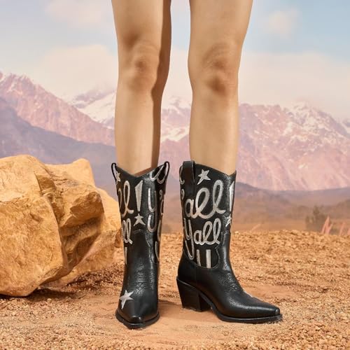 Women's Metallic Embroidery Western Knee High Boots Pointed Toe Chunky Heel Cowboy Boots Comfortable and Stylish Mid Calf Cowgirl Boots4