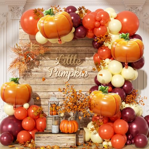 Image of Fall Balloon Arch Garland Kit 153pcs with Pumpkins, Thanksgiving Balloons Arch Kit Burnt Orange Burgundy Yellow Balloons Different Sizes for Little Pumpkin Birthday Baby Shower Decoration