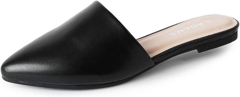 J. Adams Lennox Mules for Women - Closed Pointed Toe Flat Heel Slides 9.5 Black Vegan Leather