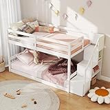 KOMFOTT Wood Twin Over Twin Low Bunk Bed with Storage Staircase, Wooden Bunk Bed Frame with Full-Length Guardrails, Low Profile Kids Bed with Slats Support, No Box Spring Needed (White)