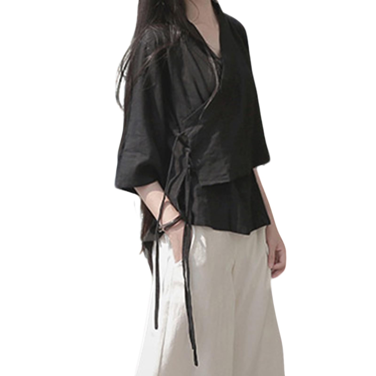 Women's Lightweight Linen Top V-Neck Layered Cross Wrap Shirt, Adjustable Fit, Lace up 3/4 Sleeves Ivory