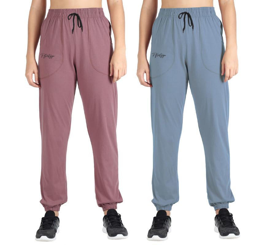 Image of Fflirtygo Cotton Solid Joggers /Track Pant /Solid Pajama /Leggings for Women Combo Pack of 2Pcs, Navy Blue and Light Blue