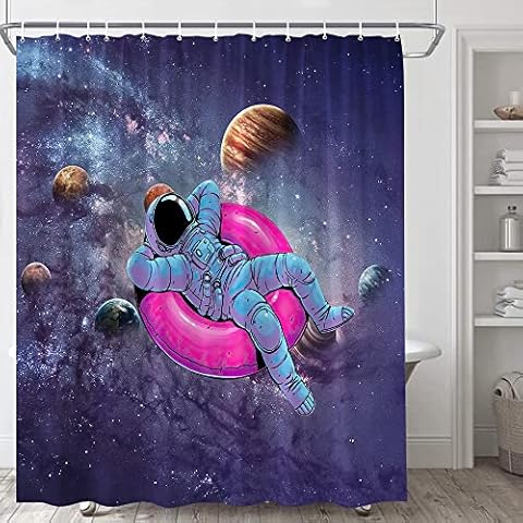 Outer Space Astronaut Shower Curtain Funny Spaceman Cosmic Galactic Planet Galaxy Purple Night Starry Sky Nebula Solar System Planetary Orbit Bathroom Polyester Fabric Curtains with Hooks 70x70inch Cover
