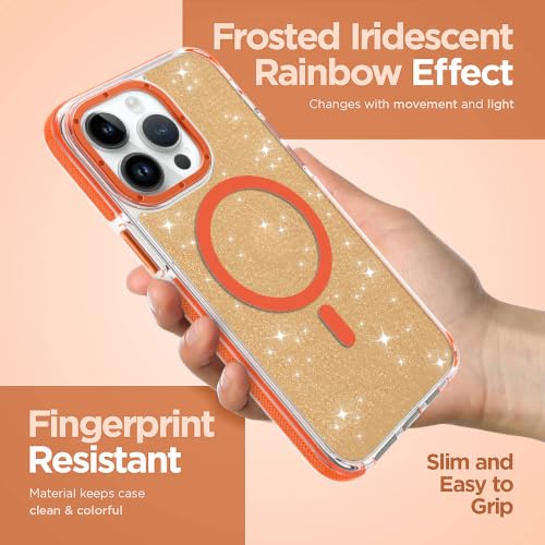 Image of Magnetic Case for iPhone 14 Pro Max [Compatible with Magsafe] [Bling Glitter Fluorescent Design] [1 Screen Protector] Slim Translucent Matte Case for iPhone 14 Pro Max 6.7 inch 2022, Orange