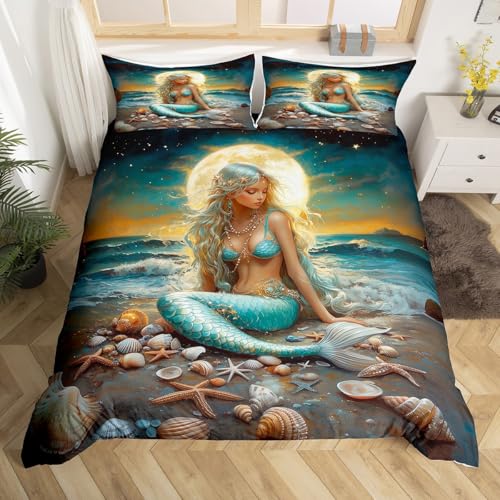 Erosebridal Mermaid Duvet Cover Queen Size Princess Girl Bedding Set for Adults Men Boys Nautical Ocean Moon Night Beauty Comforter Cover Mysterious Beach Shells Waves Bedclothes