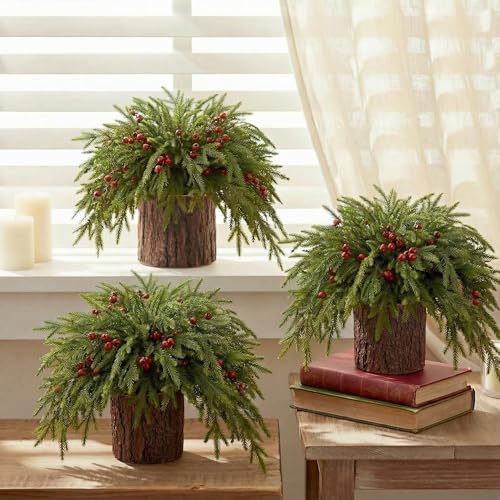 FineCheer 3 Sets Christmas Norfolk Pine Stems with Pinecones Berries 12 Inch Faux Artificial...