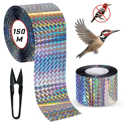 FALLCON F 150M x 4,8 CM Cinta Espanta Pajaros Exterior - Ahuyentador de Palomas Reflectante Espantapajaros - Ahuyentar Palomas Exterior (Incluye Tijeras)