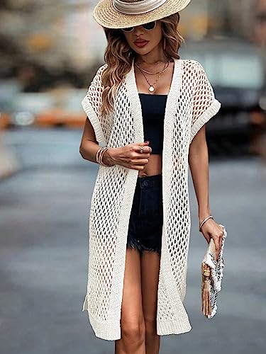 Image of SweatyRocks Women's Short Sleeve Open Front Long Cardigan Hollow Out Knit Loose Sweater Coat