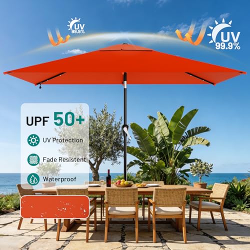 Image of AreShark 6.5' x 10' Rectangular Patio Umbrella with Solar Lights, Solar Powered Lighted Market Umbrella w /Tilt and Crank, Outdoor Table Umbrella for Garden, Deck, Backyard, Pool and Beach, Orange