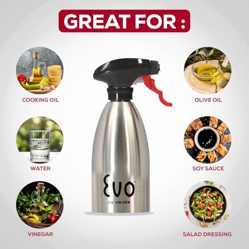 Evo Oil Sprayer 18/8 Stainless Steel, Non-Aerosol for Olive, Cooking Oils, and Vinegars, Silver, 16-Ounce Capacity