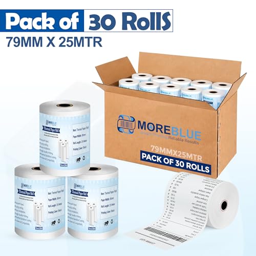 Image of MOREBLUE 3 Inch Thermal Printer Roll 79mm x 25 Meter (55 GSM) | Inkless Thermal Paper for POS Machines, Billing Machine, ATM & Receipt Printers Pack of 30