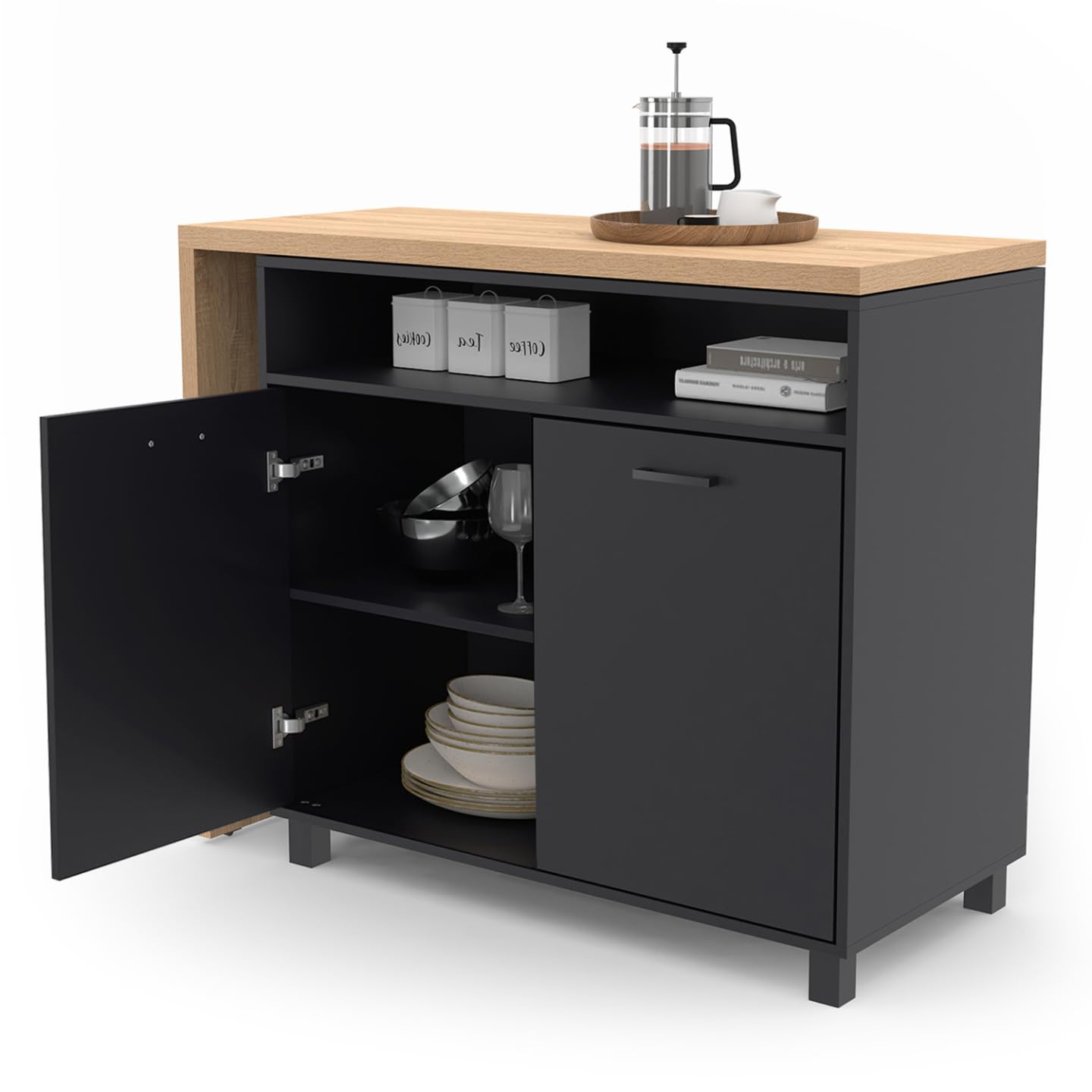 IDMarket - Ilot Rotatif CINA Meuble de Bar pivotant 2 en 1 Imitation hêtre et Noir
