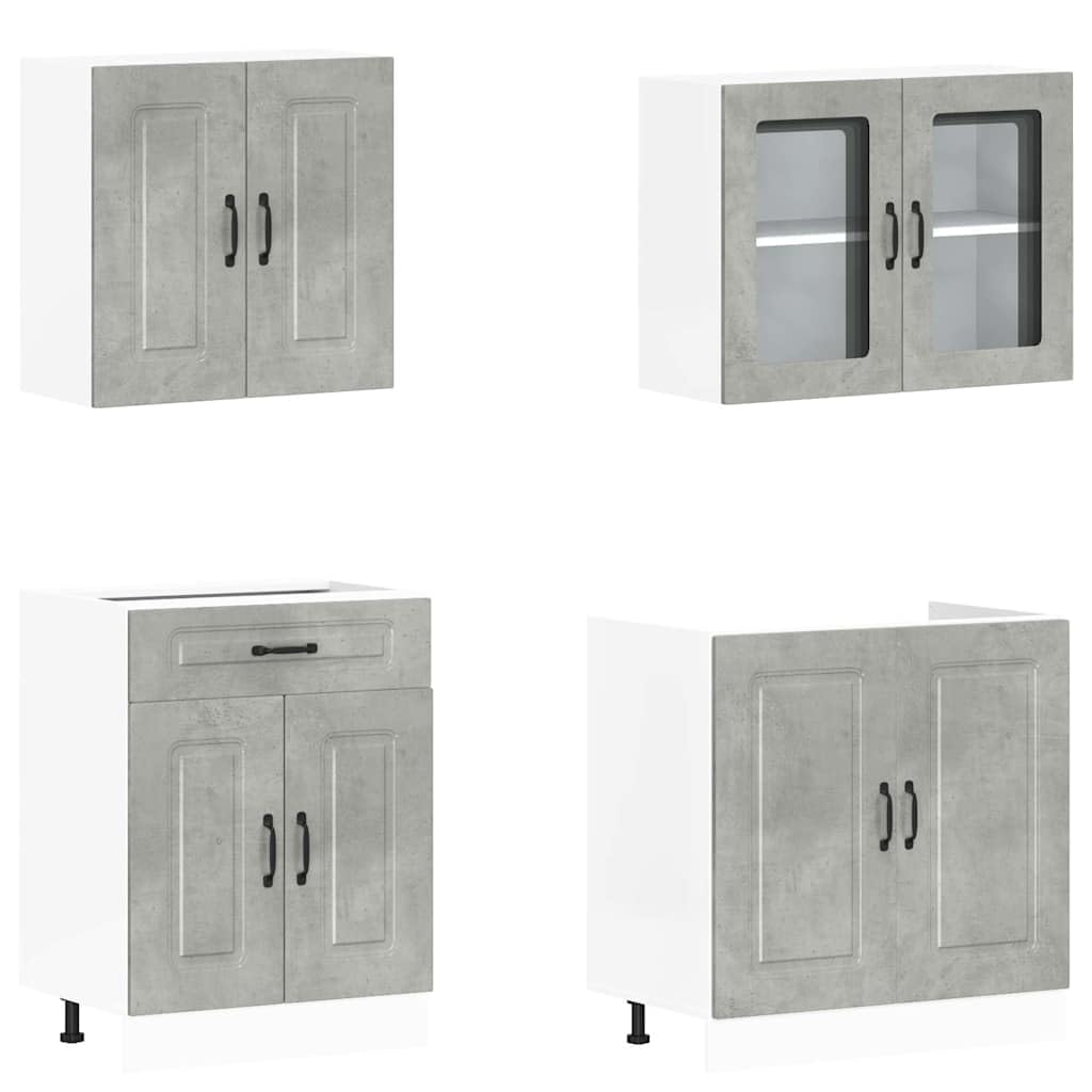 4-teilig Küchenzeile Kalmar Betongrau 80x46x81,5 cm Holz mit Glastüren, höhenverstellbare Füße, Stauraum, für Singles, kleine Küchen