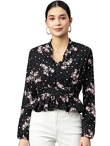 Image of IVES Women's Printed Polyester Full Sleeves | V Neck | Regular Fit Crop Top