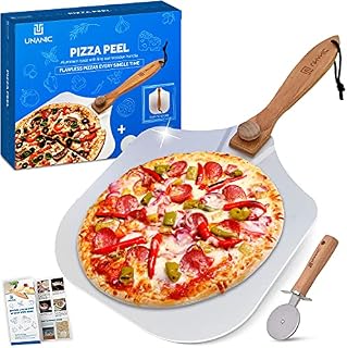 UNANIC Aluminium Pizza Peel 12 Inch x 14 Inch, Foldable Wooden Handle Pizza Turning Peel with Cutter and Express Book for 60+ Links of Special Recipes, Pizza Paddle for Oven