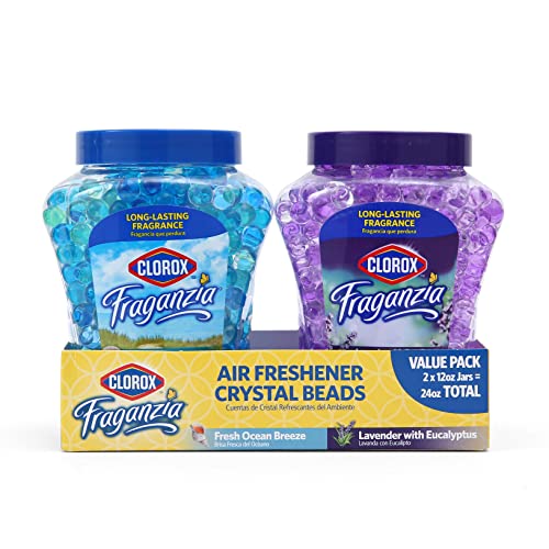 Clorox Fraganzia Air Freshener Crystal Beads Double Pack, Fresh Ocean Breeze & Lavender w/Eucalyptus Scents – Long-Lasting Odor Eliminator Gel Beads to Freshen Home, Car, or Office, 12 Fl Oz Jars