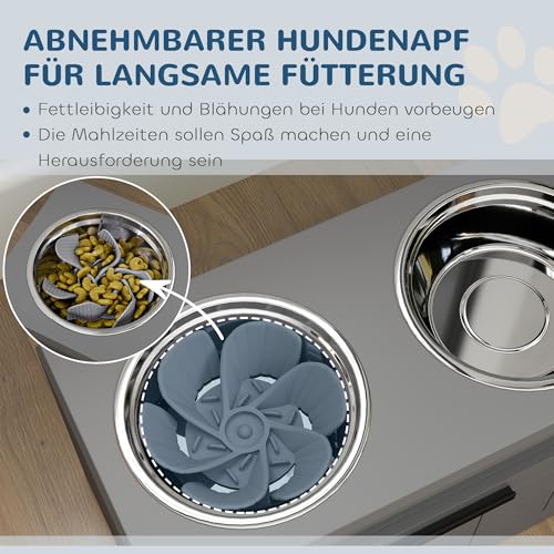 PawHut Erhöhter Hundenapf Futternapf mit Ständer Wassernapf 2 x 2L Edelstahlnäpfen Futterstation mit Anti-Schling-Matte Hundenäpfe mit 25L Stauraum, für große und extra große Hunde, Grau