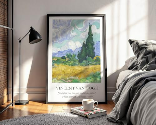 Image of Waltractive Vincent Van Gogh Paintings Framed Poster with Beautiful Quotes - Available in 33x22 and 48x33 CM - Classic Art Poster with sleek Black Frame - Elegant Home and Office Decor (Wheatfield with Cypresses, 9x13 Inch, Framed)