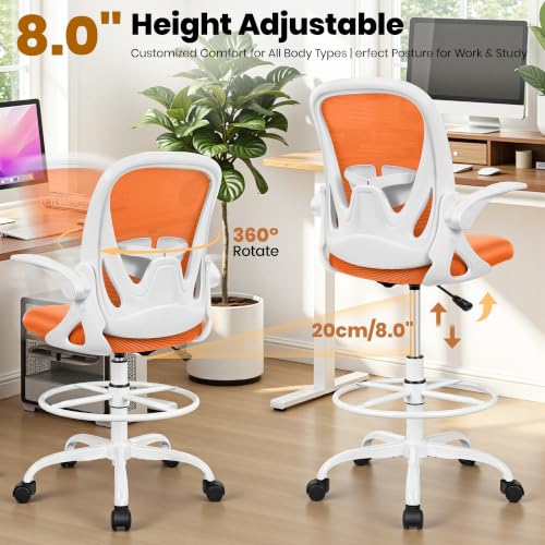 Image of Primy Drafting Chair Tall Office Chair with Flip-up Armrests Executive Ergonomic Computer Standing Desk Chair with Lumbar Support and Adjustable Footrest Ring (Sunset Orange)