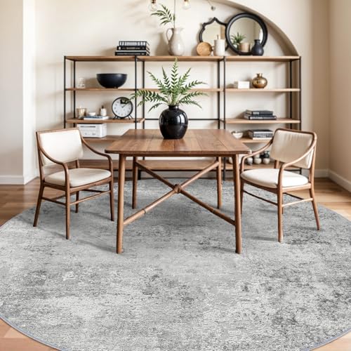 RUUGME Washable 9ft Round Rug - Abstract Rugs for Living Room Large Area Rugs Modern Stain Resistant Indoor Mat for Bedroom Dining Room Non Slip Rubber Backing Thin Super Soft Room Decor 9ft Grey