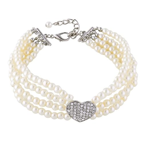 RayMinsino Collar para mascotas con cuatro filas de perlas y diamantes, collar ajustable en forma de corazón