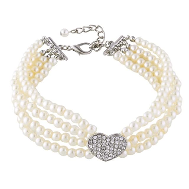 RayMinsino Collar para mascotas con cuatro filas de perlas y diamantes, collar ajustable en forma de corazón