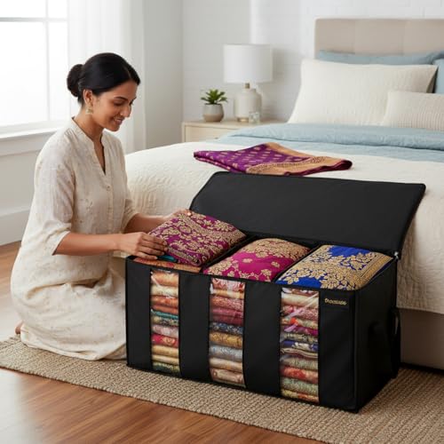 Image of Foldable Under Bed Clothes Organizer with 3 Dividers & Clear Window | Pack of 3 Storage Boxes with Handles | Underbed Clothes Storage Container for Blankets, Quilts, Clothes & Bedding | Black