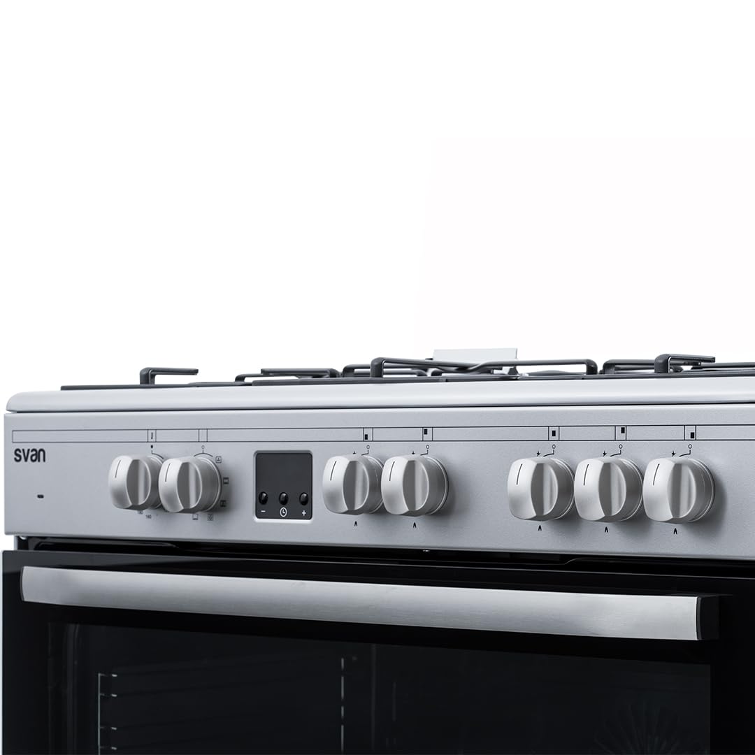 Svan Cocina Mixta gas Butano 5 Zonas de Cocción, Horno 97 L, Inox SKMW5901X. Control Manual, Quemador WOK triple llama, 9 Programas de Cocción, Tapa Abatible