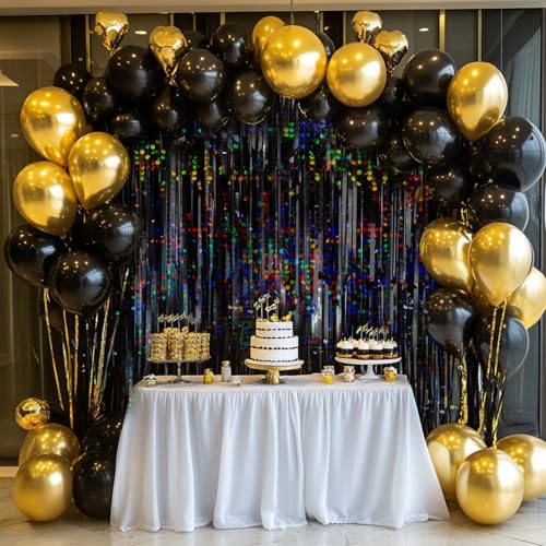 Image of 4 Packs Black Foil Fringe Curtain, Glitter Metallic Tinsel Backdrop for Birthday, Wedding, Bridal Shower, Halloween, Gold and Black Party Decorations Supplies