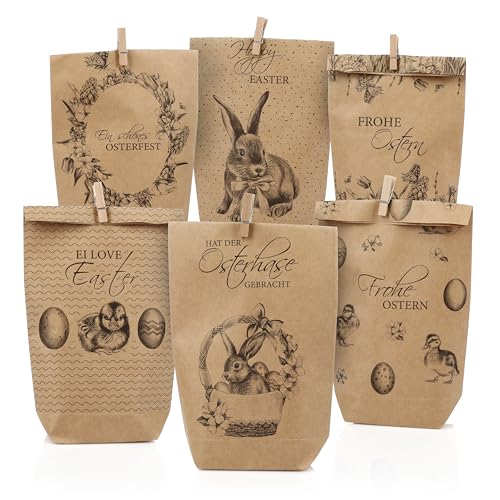 Nordstern Ostern Papiertüten 12er Pack mit Holzklammern - Kraftpapier Geschenktüten mit 6 Motiven - Ostertüten zum Befüllen für Ostergeschenke