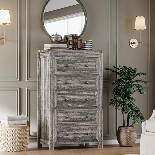 Image of BORNOON Tall 5-Drawer Dresser, Modern Wooden Storage Chest of Drawers, Dresser TV Stand, Wood Drawer Organizer with Metal Handles for Bedroom, Living Room, Hallway