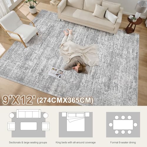 DMOYEST Area Rug Living Room Rugs - 9x12 Abstract Large Soft Indoor Washable Rug Neutral Modern Low Pile Carpet for Bedroom Dining Room Farmhouse Home Office - Vintage Grey by DMOYEST - Image 3