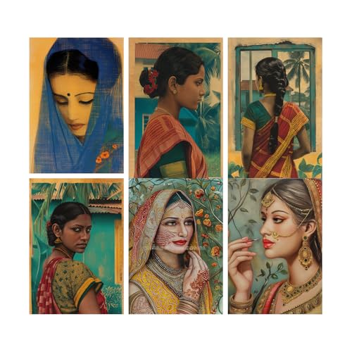 Image of SiddArtify Set of 6 Indian Women Art Prints - Portrait Paintings - Warm Color Palette - Sticker - 8x12 Inch - Pack of 6 Wall Room Decoration art Poster Prints