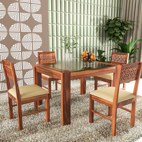 Image of Solid Sheesham Wood Dining Glass Top Table Set of 4| Wooden 4 Seater Dining Table with 4 Chairs with Cushion|Wood Dining Table & Chairs for Home, Restaurant, Dining Room |Honey Finish