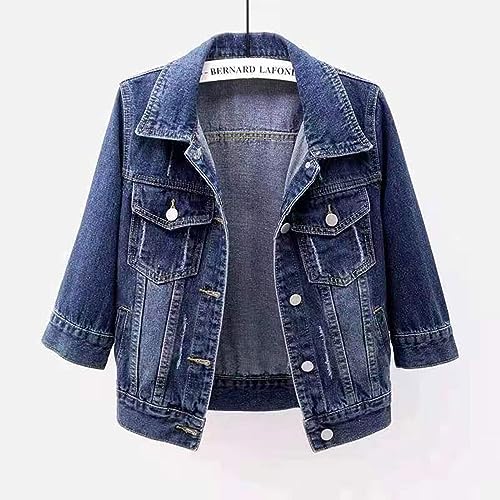 Women's 3/4 Sleeve Short Denim Jackets Light Wash Retro Jean Jacket Button Down Trucker Jacket Lapel Slim Coats2