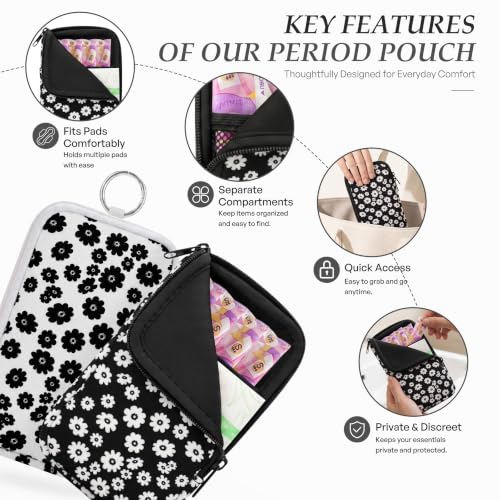 Image of KJQJLY 2 Pack Portable Tampon Organizer Bag Tampon Holder & Storage Case with Zipper for Travel, Discreet Period Bag for Purse, Waterproof Feminine Products Pouch for Women (Black & White Daisy)