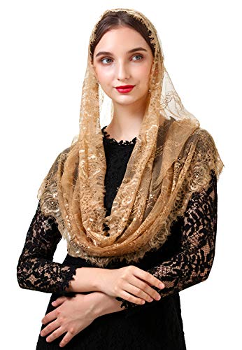 PAMOR Spanish Style Lace Traditional Vintage Inspired Infinity Shape Mantilla Veil Latin Mass Head Covering (Beige)