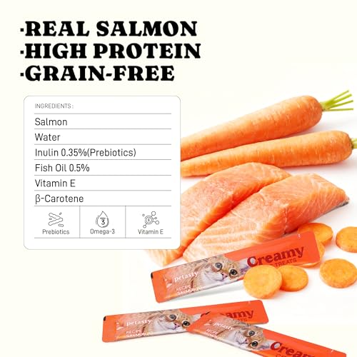 PETASTY Lickable Cat Treats, High Moisture Hydrating Creamy Puree Squeeze Tubes, Slamon Flavor, 20 Tubes 0.5oz, Grain-Free, Omega Oils & Vitamin E, Skin & Coat Health, Digestive and Immune Support