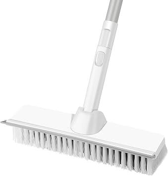 Floor Scrubbing Brush with Long Handle, 2-in-1 Bathroom Tile Cleaning Brush, 9 Inch Stiff Bristle Brush with Squeegee for Shower Indoor Cleaning, Deck Scrubber for Garage,Kitchen,Tile and Wall