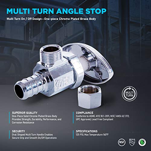 Image of Midline Valve 71512QS-OM-5 Water Supply Stop Valve with Multi-Turn Wheel; Angle Shut-off for Toilet, Sink, Dishwasher, Heater; 1 /2'' PEX x 3 /8'' Compression; Chrome Plated Brass (5 PK)