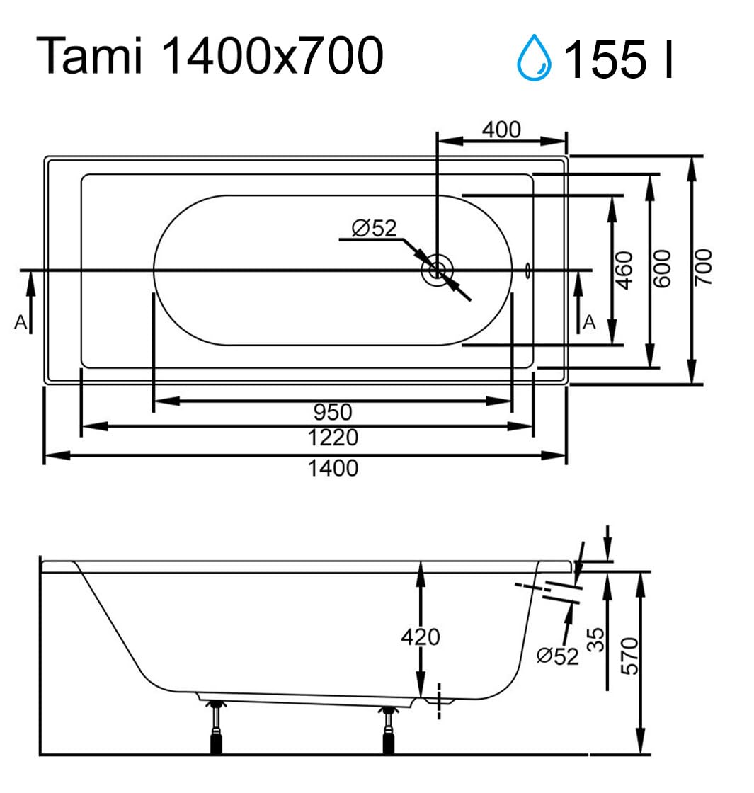 ECOLAM® wanna TAMI 140x70 cm prostokątna akrylowa biała nowoczesna elegancka wanna bezpośrednio od producenta w zestawie syfon silikon stelaż
