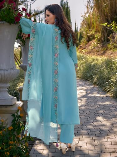 Image of INDO ERA Women's Pure Cotton Floral Embroidered Straight Kurta & Pant with Dupatta Set | Cotton Kurta Set For Woman