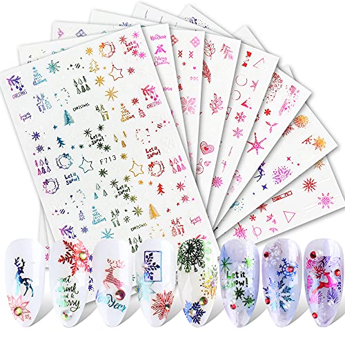 JMEOWIO 3D Nagelsticker Weihnachten, 8 Blätter Selbstklebend Nagel Sticker Schneeflocke Elch Nail Art Decals Design DIY…