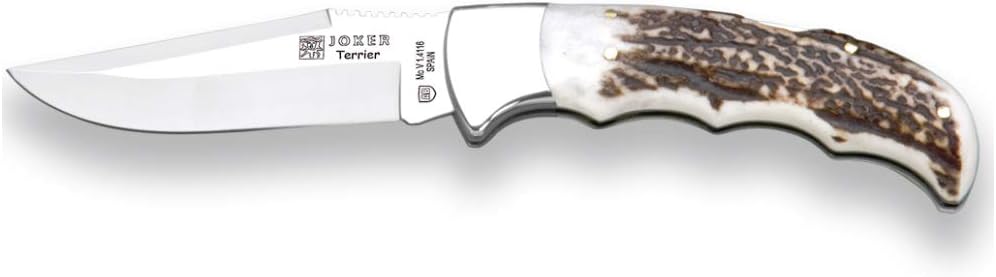 Joker Hunting Pocket Folding Knife Terrier NC17, Deer Horn Handle, 3.54 inches MOVA Blade, Serrated Back of The Blade, Fishing Tool, Hunting, Camping and Hiking