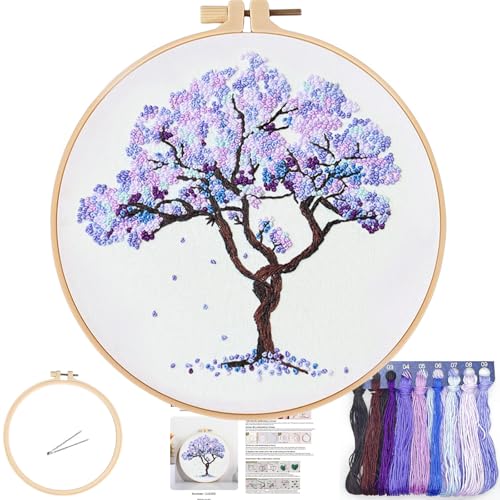 Image of FONNUY Crewel Embroidery Kit for Beginners, Seasonal Tree Pre-Stamped Pattern Kits for Adults with Hoop, Easy to Follow Color Thread Needlework, 8'' (Purple)
